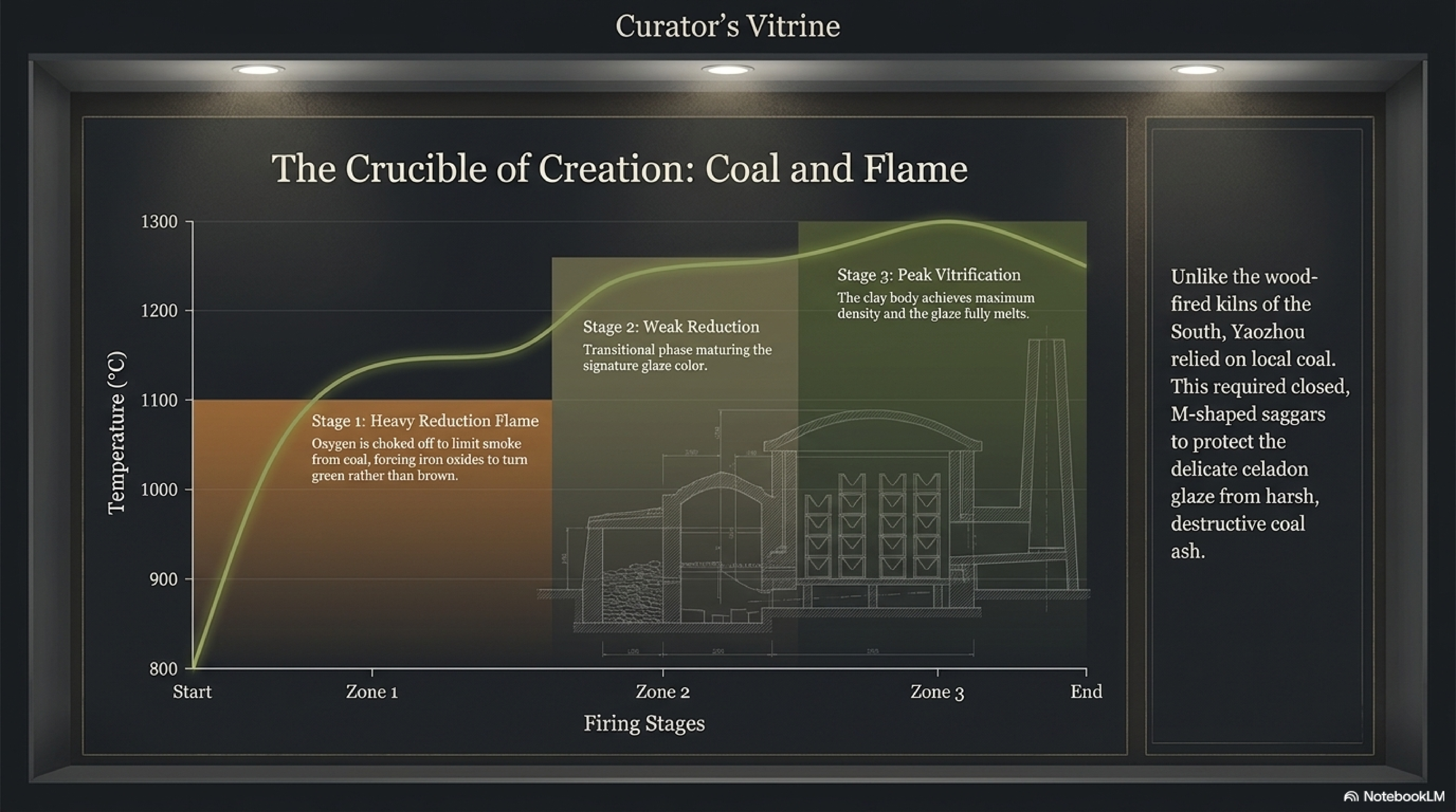 Yaozhou coal-fired kiln diagram — cross-section showing coal combustion, reduction atmosphere management, and 1260-1300°C firing temperature zone