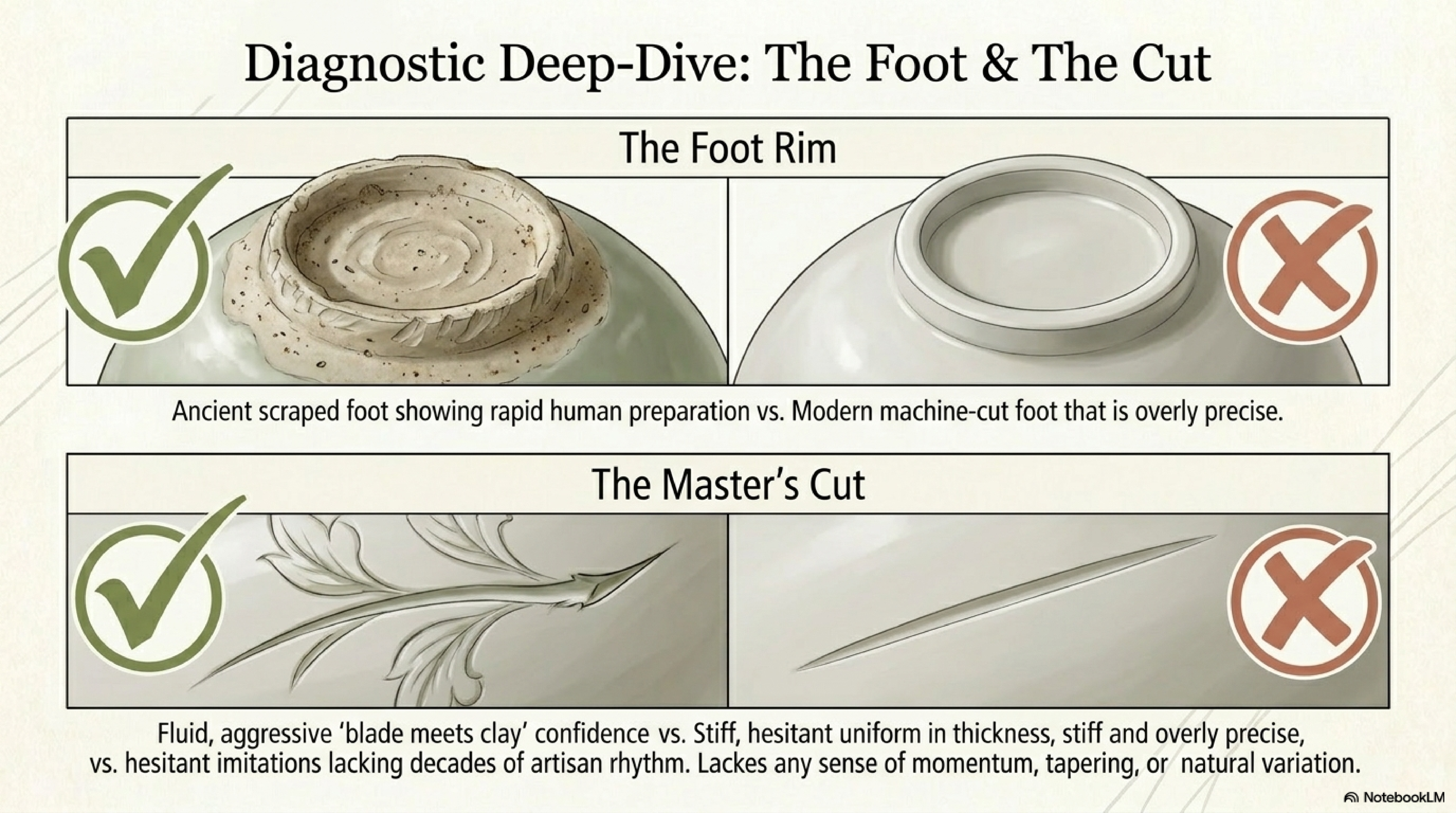Yaozhou foot treatment — authentic sesame paste glaze (芝麻酱釉) on unglazed foot rim, and carving sharpness comparison between authentic and forgery