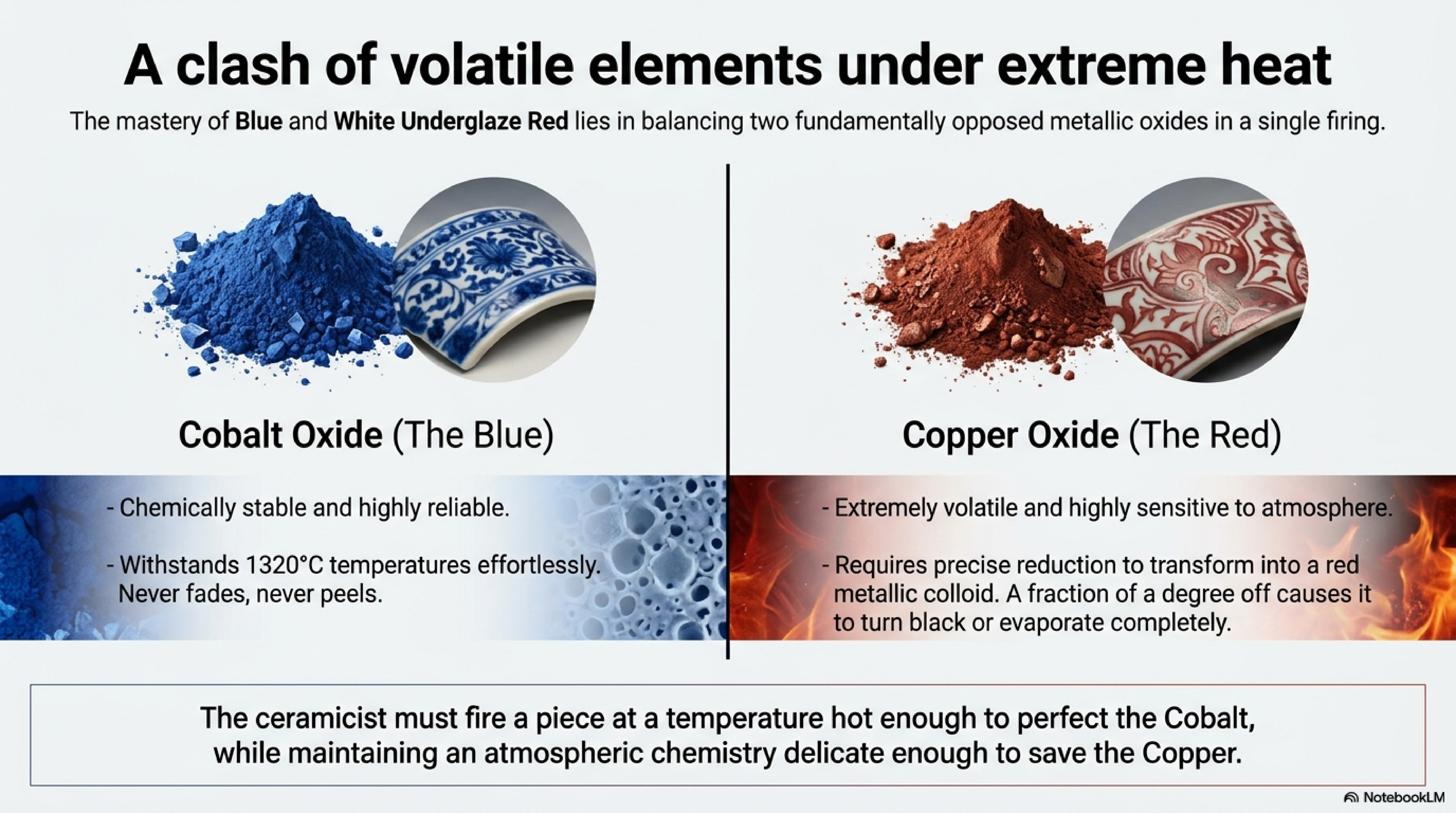 Copper oxide chemistry diagram — Cu²⁺ in oxidising atmosphere stays green or brown, Cu⁺ in reduction atmosphere produces ruby red, copper vapour above 1300°C produces disappearance