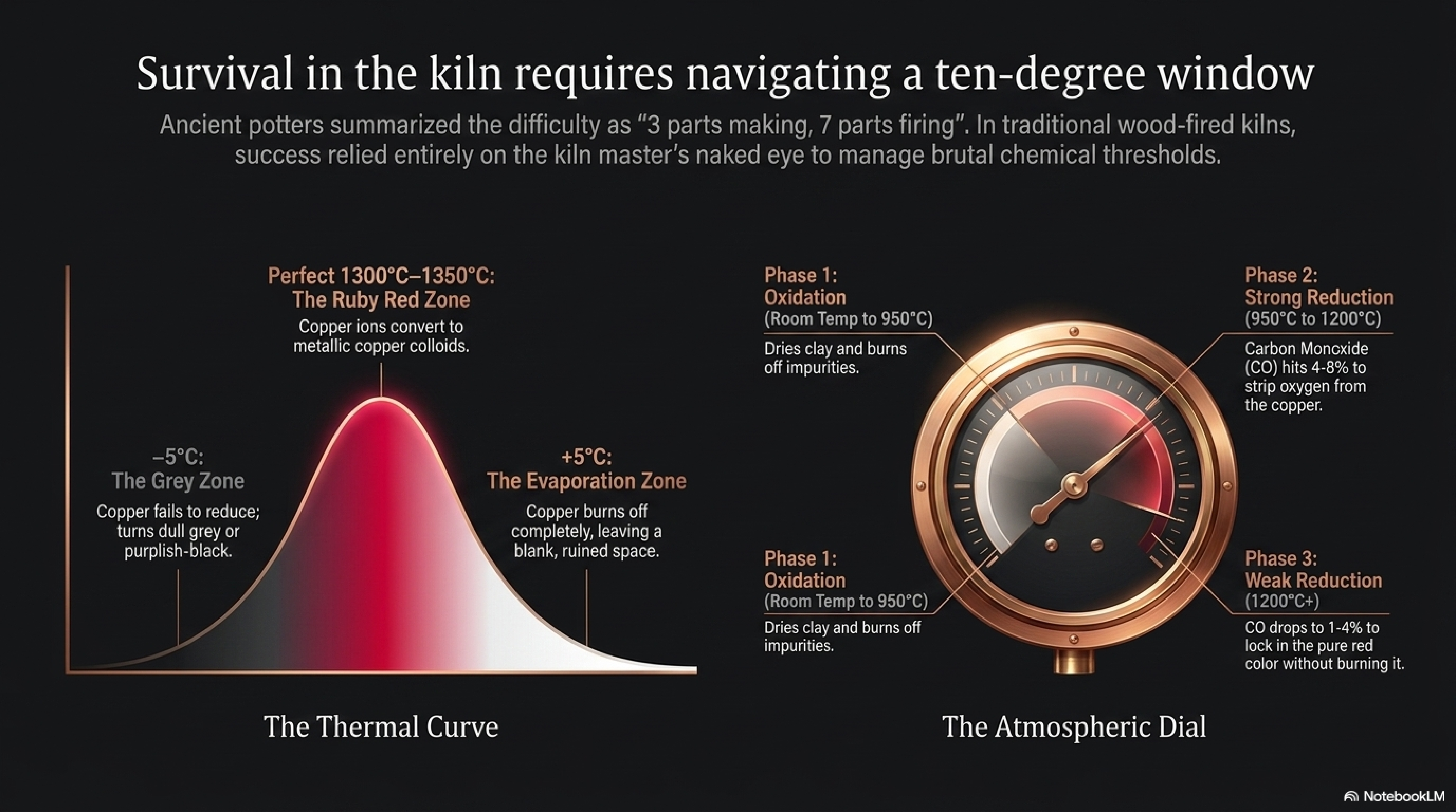 The 10°C firing window diagram — temperature zones showing grey-black underfiring, ruby red success zone, and copper volatilisation disappearance overfiring