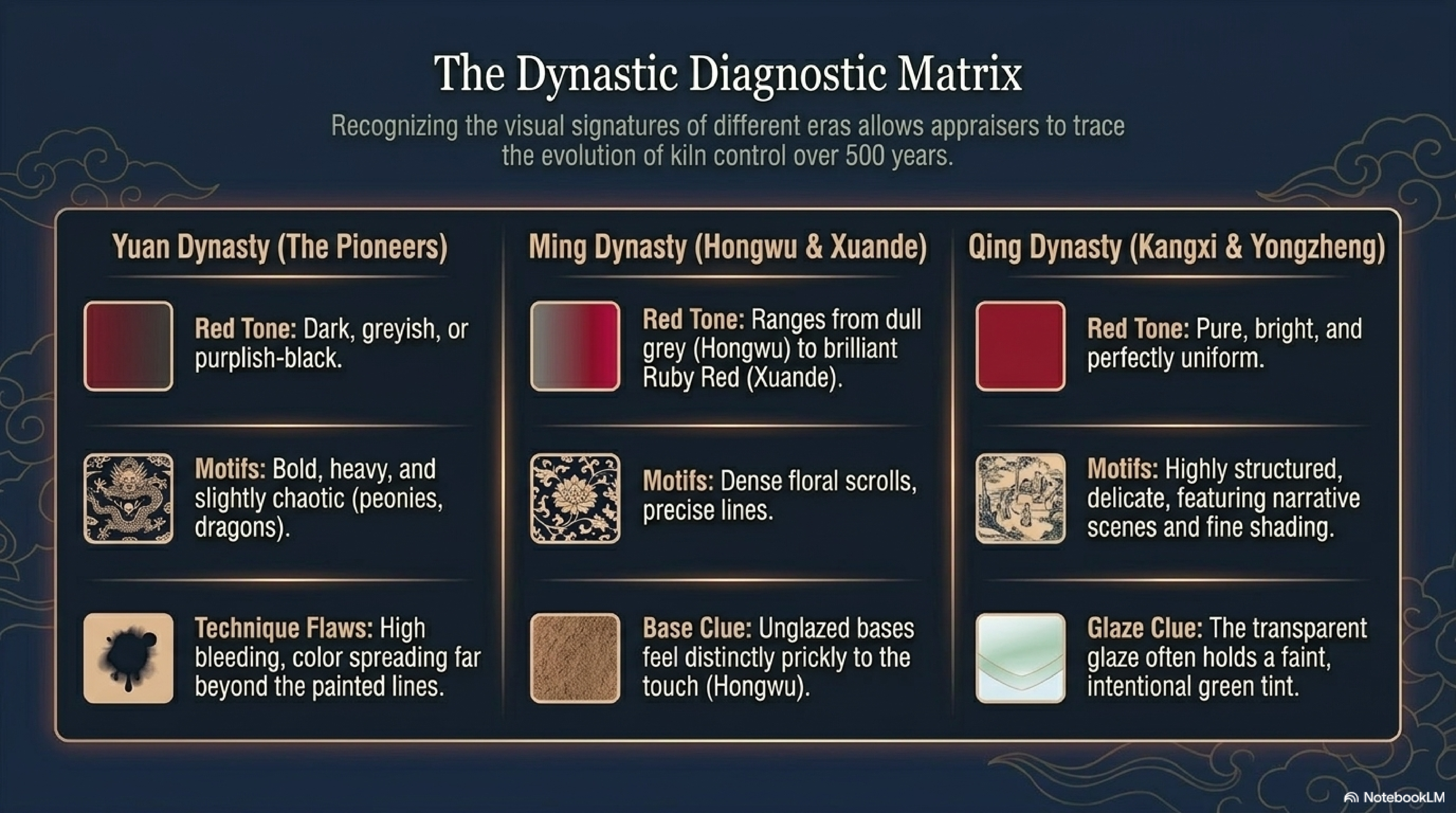 The Dynastic Diagnostic Matrix — three-column comparison of Yuan, Ming (Hongwu and Xuande), and Qing (Kangxi and Yongzheng) underglaze red, showing colour swatches, motif samples, and dating clues for each era