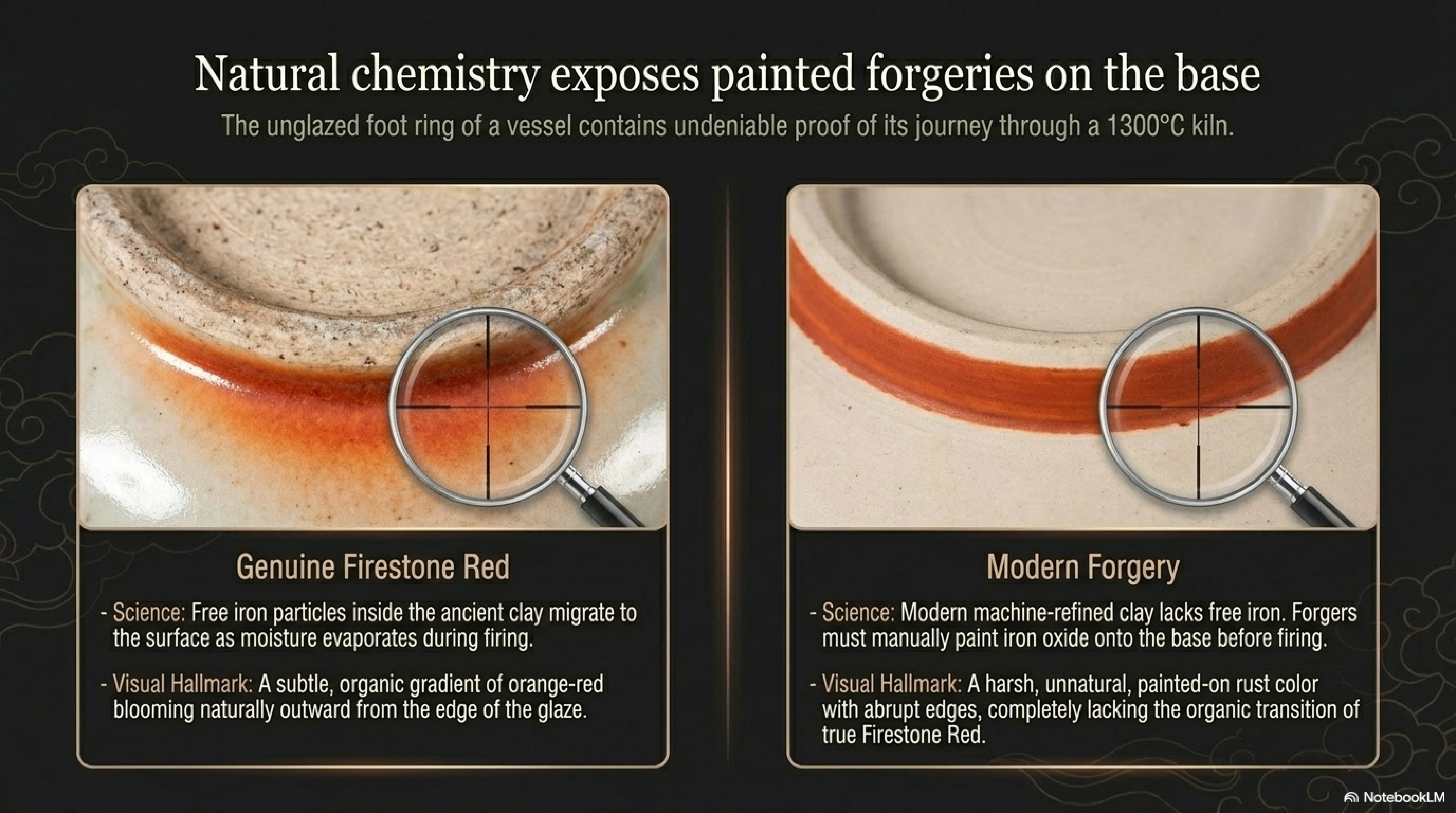 Firestone red versus painted forgery — two close-up photographs of unglazed foot rims: genuine piece showing organic orange-red gradient blooming naturally outward from glaze edge; modern forgery showing harsh painted-on rust colour with abrupt edges lacking the organic transition