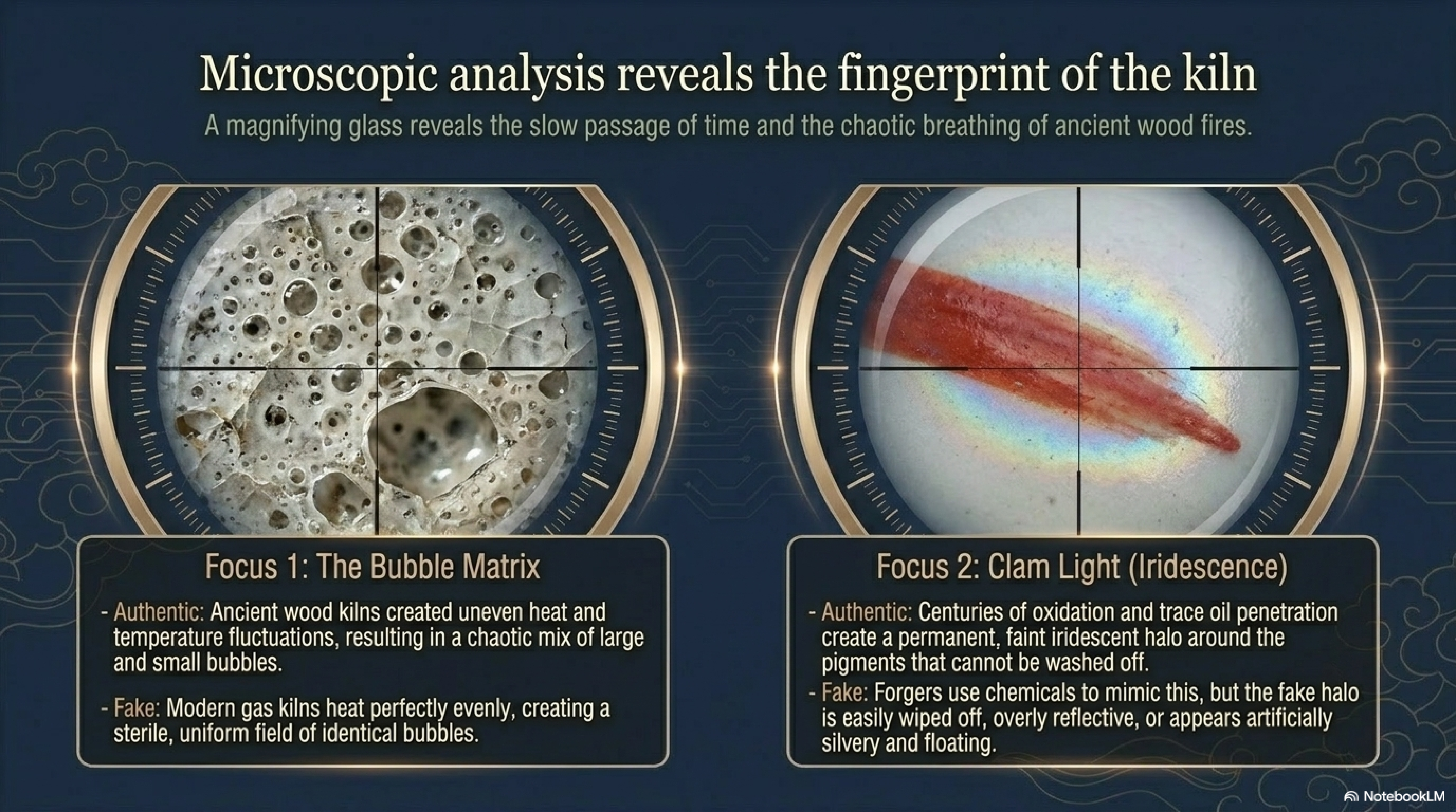 Microscopic authentication — two magnified views: Focus 1 (Bubble Matrix) showing chaotic large-and-small bubbles in authentic wood-kiln piece versus sterile uniform bubbles in modern fake; Focus 2 (Clam Light) showing permanent iridescent halo in authentic piece versus artificially silvery wipe-off coating in forgery